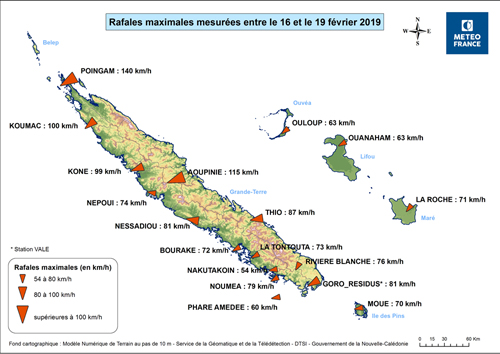 Rafales maximales mesurées entre le 16 et le 19 février 2019