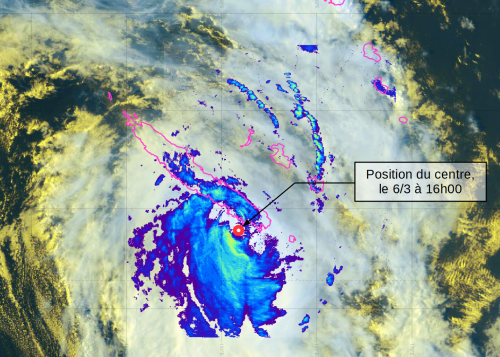 Image satellite Himawari-8 et réflectivité radar le 6 mars 2021 à 16 h loc.