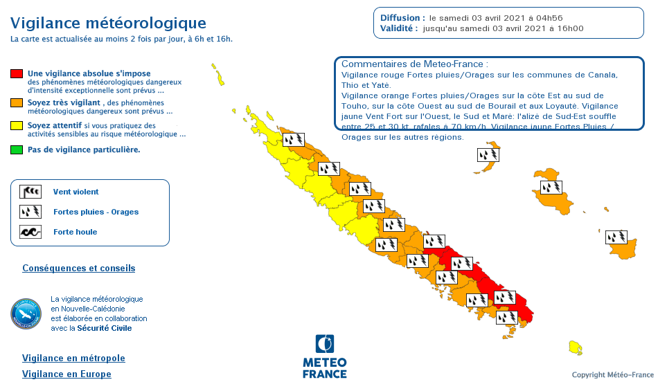 Carte de vigilance pour fortes pluies et orages diffusée le 3 avril à 4h55.