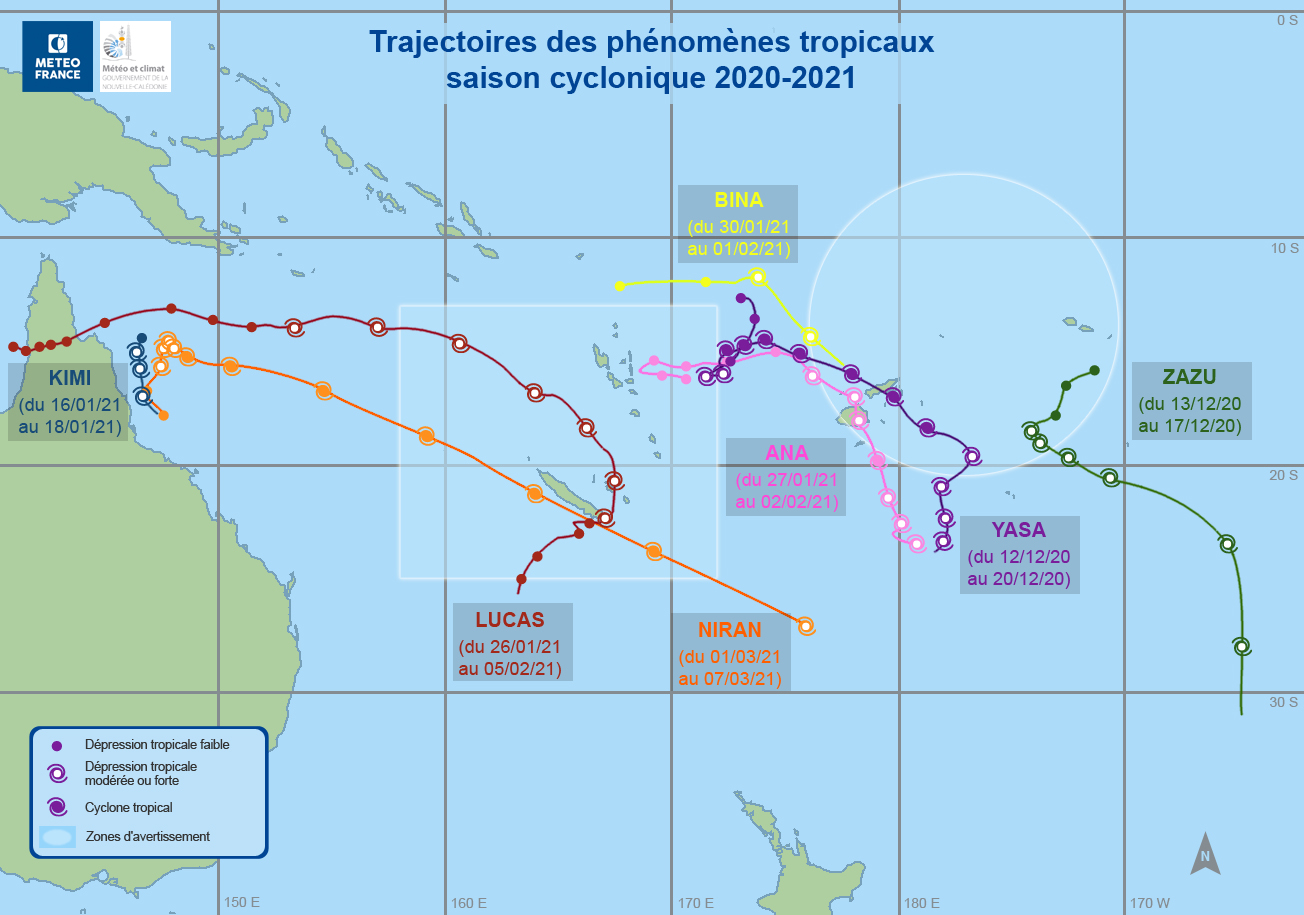 rajectoire des phénomènes tropicaux (dépression tropicale modérée à cyclone tropical) dans le Pacifique sud-ouest au cours de la saison cyclonique 2020-2021