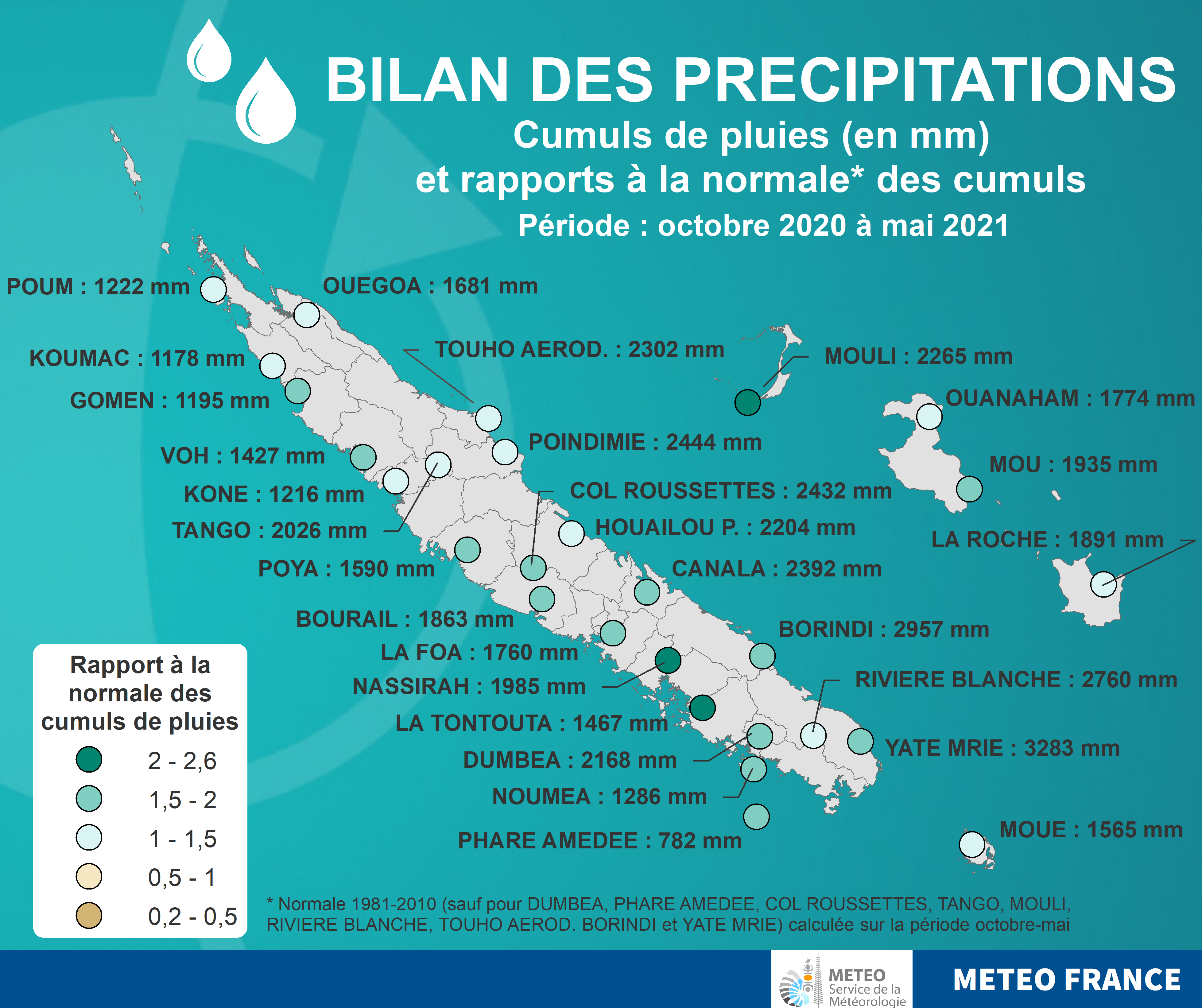 Cumuls de pluies (en mm) entre octobre 2020 et mai 2021 et rapports à la normale.