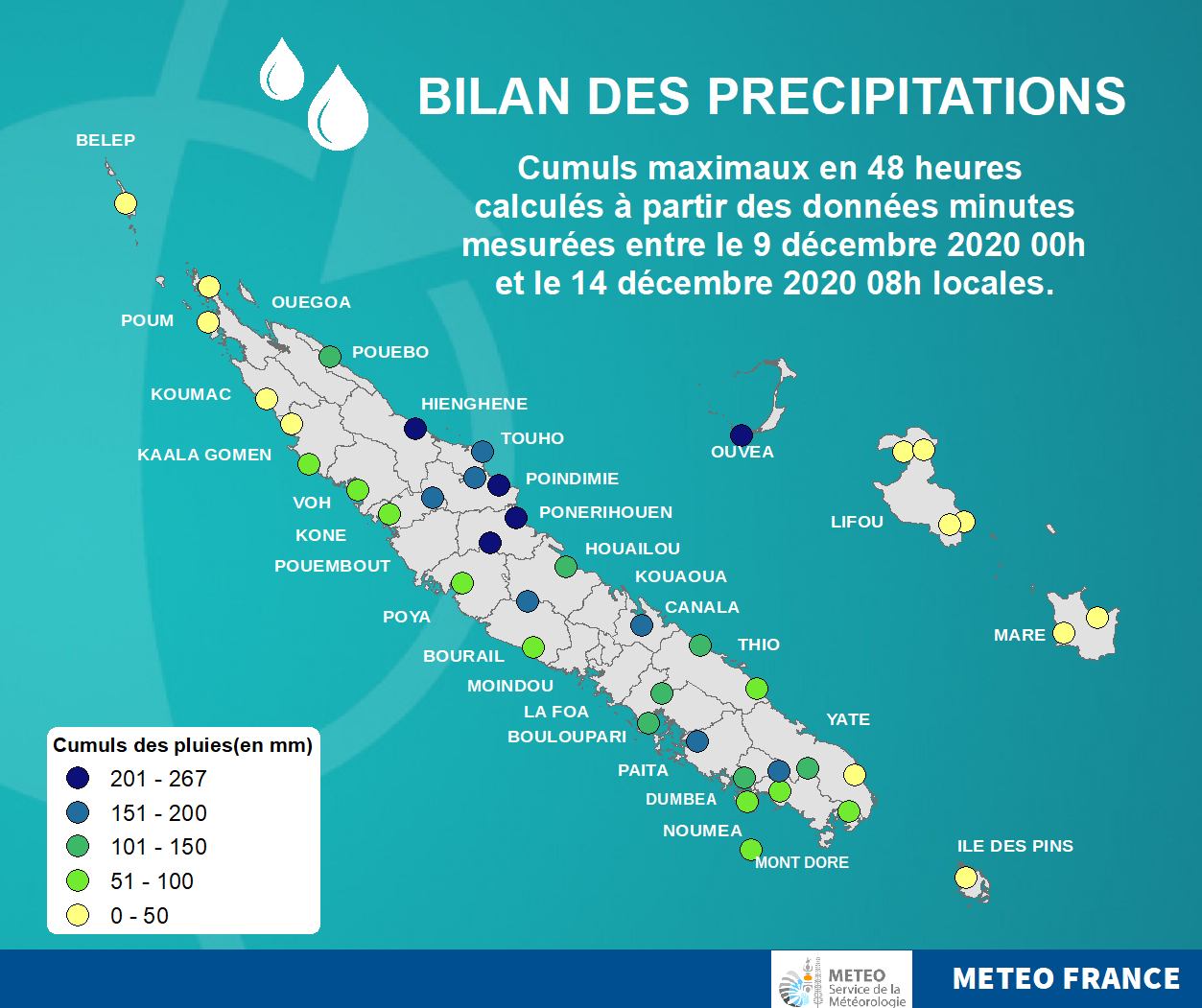 Cumuls maximaux de pluies en 48 heures entre le 9 et le 14 décembre 2020