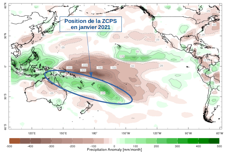 Anomalies de précipitations mensuelles, en mm/mois, en janvier 2021, montrant la position anormalement basse de la ZCPS (ellipse bleue) au cours de ce mois 