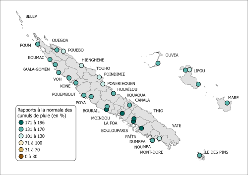 Rapports à la normale 1981-2010 des cumuls annuels de précipitations en 2021 (en %). 