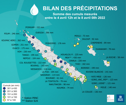 Cumuls de précipitations du 04/04/2022 à 12h00 au 08/04/2022 à 08h00.