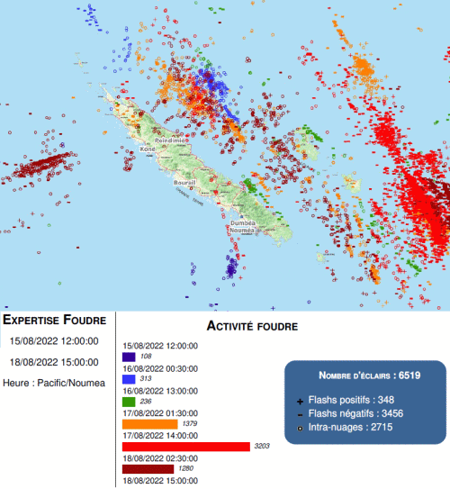 Eclairs intra-nuages et nuages-sol enregistrés entre le 15 août 2022 12h00 loc. et le 18 août 2022 15h00 loc. 