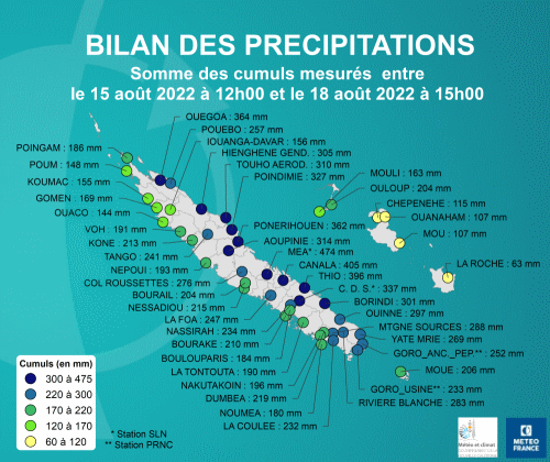 Cumuls totaux de précipitations mesurés entre le 15 août 2022 12h00 loc. et le 18 août 2022 15h00 loc.