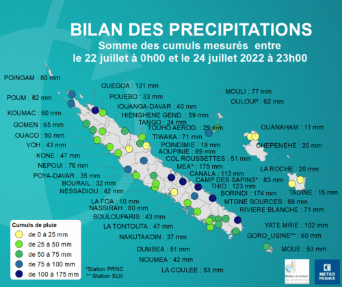 Répartition géographique des cumuls de précipitations mesurés entre le 22 et le 24 juillet 2022