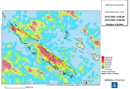 Répartition géographique des éclairs nuage-sol le 22 juillet 2022 (spatialisation par mailles 10 km x 10 km).