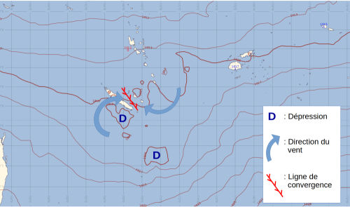 Champ de pression atmosphérique au niveau de la mer issu du modèle CEP 0.5 le mardi 2 août 2022 à 17 h loc. 