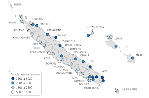 Classement pluviométrique des années entre 1970 et 2022 établi sur la base des cumuls annuels de précipitations de 9 stations météorologiques de référence réparties uniformément sur la Nouvelle-Calédonie.