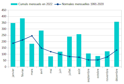 Cumuls mensuels moyens de précipitations en 2022 en Nouvelle-Calédonie au regard des normales mensuelles 1991-2020.