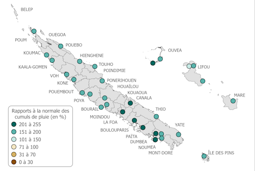 Classement pluviométrique des années entre 1970 et 2022 établi sur la base des cumuls annuels de précipitations de 9 stations météorologiques de référence réparties uniformément sur la Nouvelle-Calédonie.