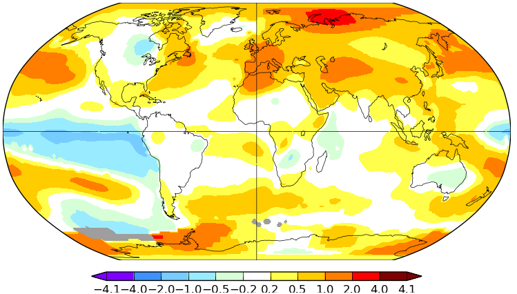 écarts à la normale 1991-2020 des températures moyennes (en °C) observées à la surface du globe en 2022.