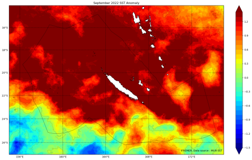 Anomalies de température de surface de la mer au voisinage de la Nouvelle-Calédonie en septembre 2022 par rapport à la période de référence 2003-2017 (Source : MUR SST ; mise en page : IFREMER)