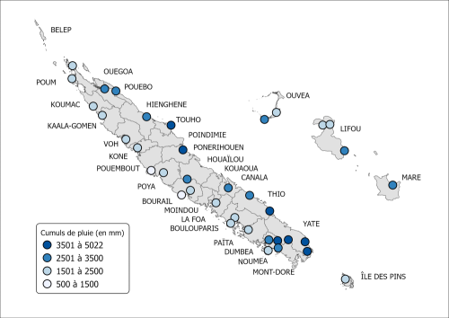Cumuls annuels de précipitations en 2022 en mm (Source : Météo-France Nouvelle-Calédonie.)
