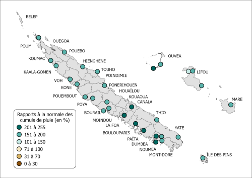 Rapports à la normale 1991-2020 des cumuls annuels de précipitations en 2022 (en %). (Source : Météo-France Nouvelle-Calédonie)