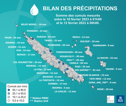 Cumuls de précipitations mesurés du 10 février à 01h00 au 12 février 2023 à 00h00 loc.