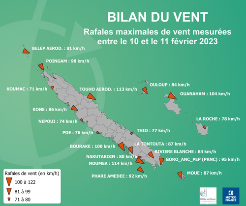 Rafales maximales mesurées entre le 10 et le 11 février 2023.