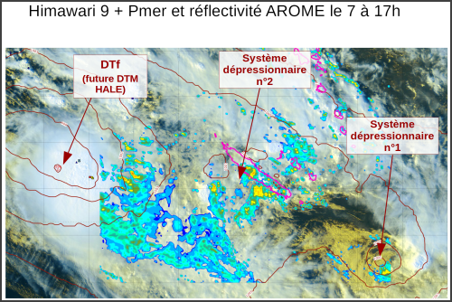 Image satellite Himawari-9 réflectivité et pression atmosphérique au niveau de la mer du modèle AROME le 07/01/2023 à 17 h loc, associées aux multiples systèmes dépressionnaires qui ont circulé sur le pays le samedi 7 janvier 2023.