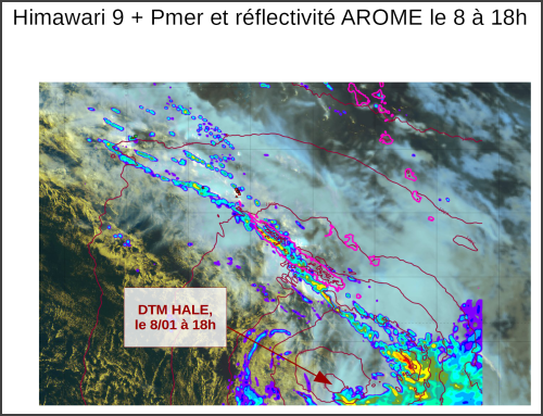 Image satellite Himawari-9, réflectivité et pression atmosphérique au niveau de la mer du modèle AROME, associées à la dépression tropicale modérée HALE, le dimanche 8 janvier 2023 à 18 h loc