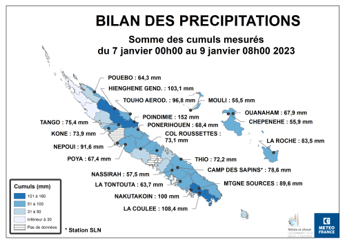 Cumuls de précipitations mesurés du 07/01/2023 à 00h00 au 09/01/2023 à 08h00 loc. 