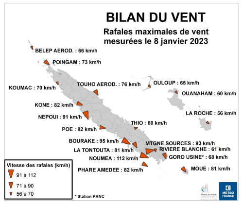 Rafales maximales mesurées le 8 janvier 2023.