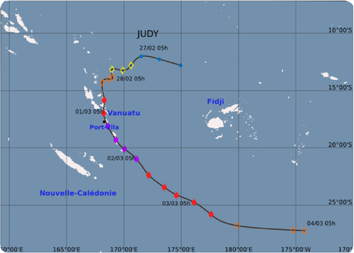 Carte de trajectoire du cyclone tropical intense JUDY