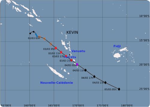 Carte de trajectoire du cyclone tropical très intense KEVIN