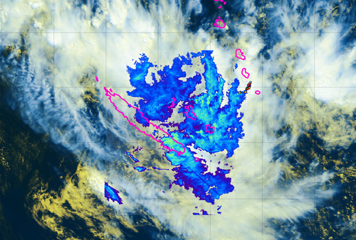 Image infrarouge en composition colorée issue du satellite Himawari-9, réflectivité radar et impacts de foudre du réseau de détection du gouvernement de la Nouvelle-Calédonie, le jeudi 16/03/2023 à 11h00 loc.