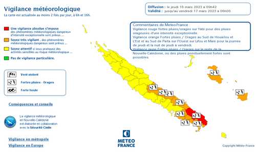 Carte de vigilance météorologique pour fortes pluies et orages, valable du 16 mars 2023 à 09h42 au 17 mars 2023 à 06h00