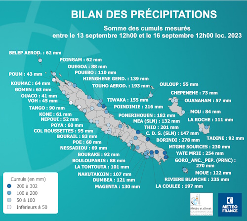 Cumuls totaux de précipitations du 13/09/2023 à 12h00 au 16/09/2023 à 12h00 loc. Source : Météo-France Nouvelle-Calédonie