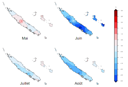 Carte des anomalies de températures minimales au cours des mois de mai à août 2023 au regard des normales 1991-2020.