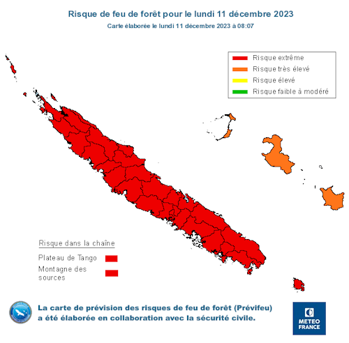 Carte du risque de feu de forêt publiée sur le site Internet meteo.nc le lundi 11 décembre 2023. 