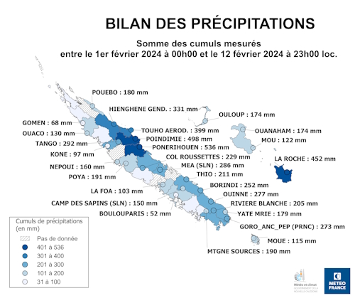 Cumuls de précipitations mesurés entre le 01/02/2024 à 00h00 et le 12/01/2023 à 23h00 loc.