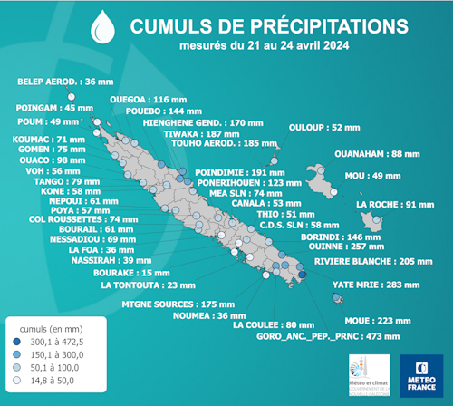 Cumuls de précipitations mesurés du 21 au 24 avril 2024.