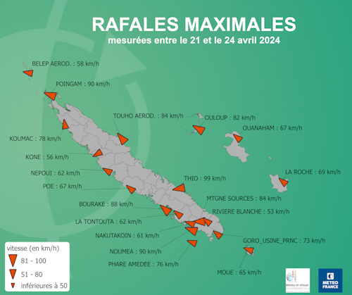 Rafales maximales mesurées entre le 21 et le 24 avril 2024.