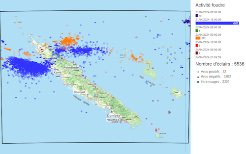 Nombre d’éclairs enregistrés par le réseau de détection de la foudre de la Nouvelle-Calédonie entre le 21 et le 24 avril 2024.