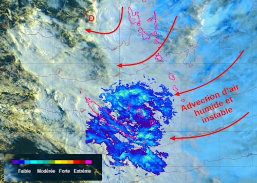 Image en composition colorée du satellite Himawari 9, réflectivité radar et pression atmosphérique au niveau de la mer du modèle CEP 0.125, le vendredi 8 mars 2024 à 17h30 loc.