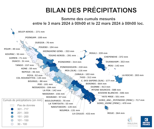 Cumuls de précipitations mesurés entre le 03/03/2024 à 00h00 et le 22/03/2024 à 00h00 loc.