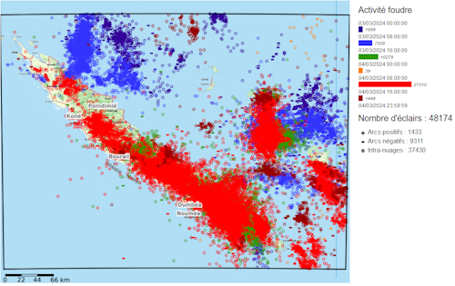 Nombre d’éclairs enregistrés par le réseau de détection de la foudre de la Nouvelle-Calédonie entre le 3 et le 4 mars 2024.