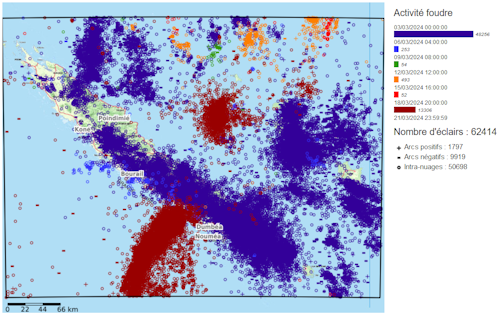  Nombre d’éclairs enregistrés par le réseau de détection de la foudre de la Nouvelle-Calédonie entre le 3 et le 21 mars 2024