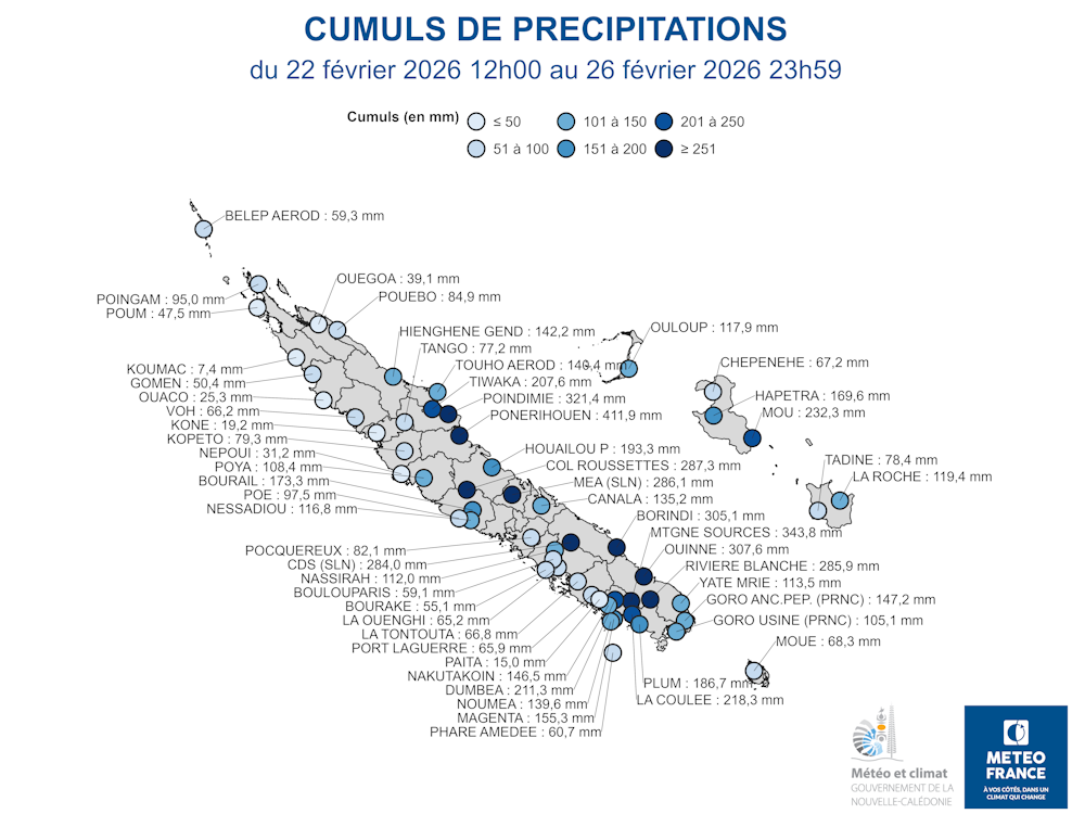 Cumuls des précipitations du 22 février 2026 à 12h au 26 février à 23h59