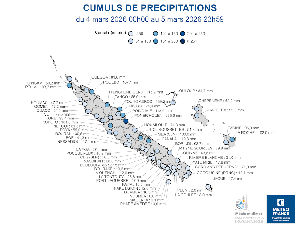 Cumuls de précipitations du 4 mars à 00h au 5 mars 2026 à 23h59 
