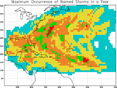 Quel est le nombre maximum de tempêtes tropicales et d'ouragans qui sont susceptibles d'affecter ma ville ? 