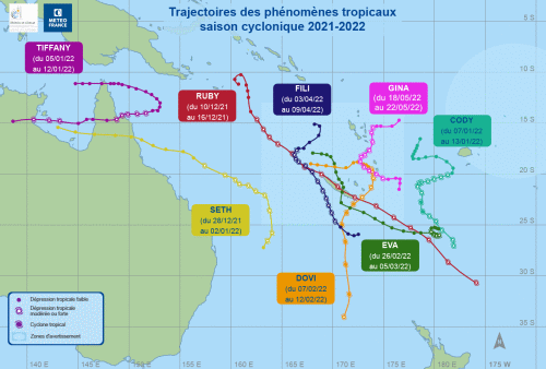 Carte des trajectoires observées des phénomènes tropicaux au cours de la saison 2021-2022 dans le Pacifique Sud-Ouest